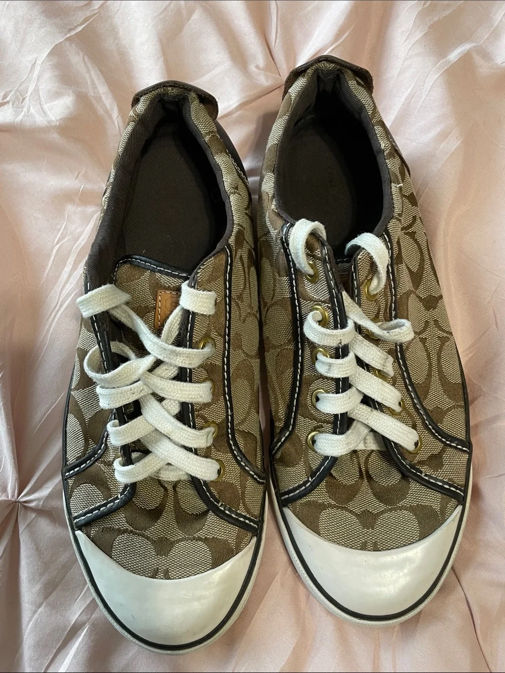 Coach Barrett Khaki Monogram Canvas Sneakers Leather Black Trim Size 10.5